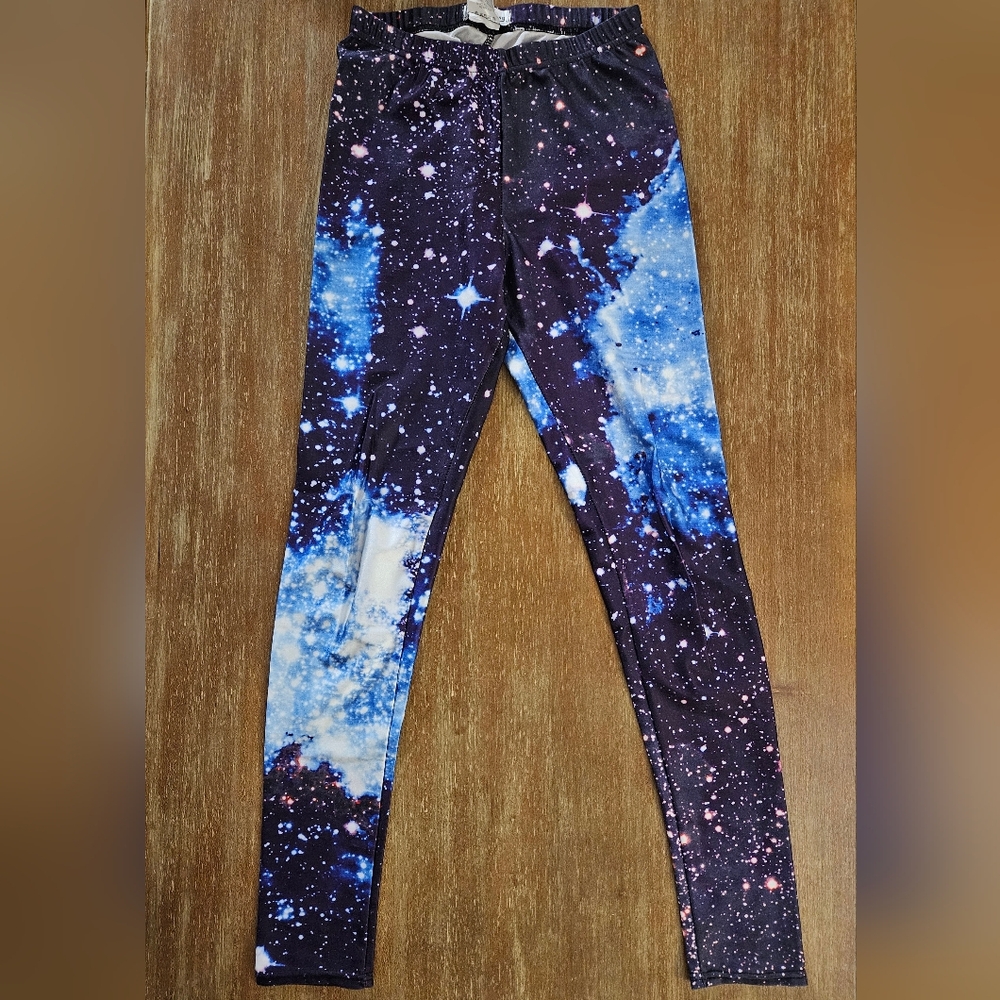 Womens Galaxy Print Leggings - Blue and Black Star Leggings Outer Space Pants M